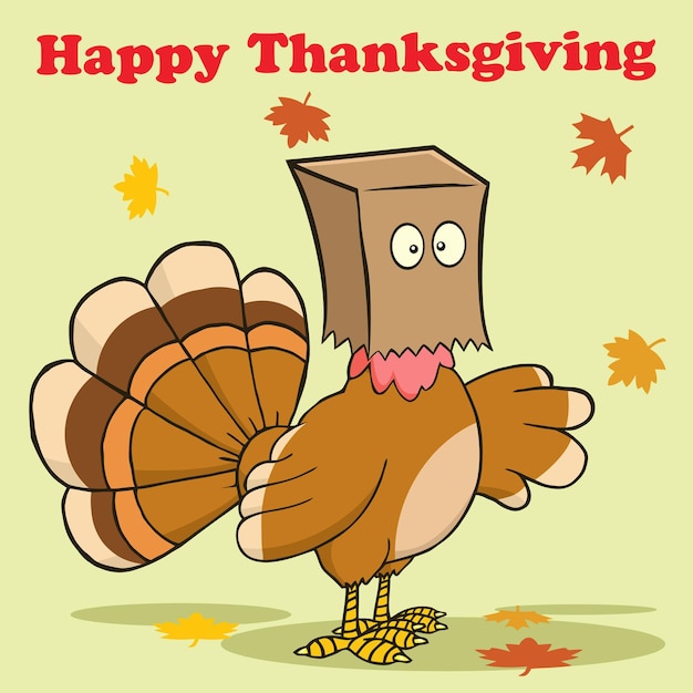 Vector happy thanksgiving greeting with turkey bird hiding under a bag. vector illustration