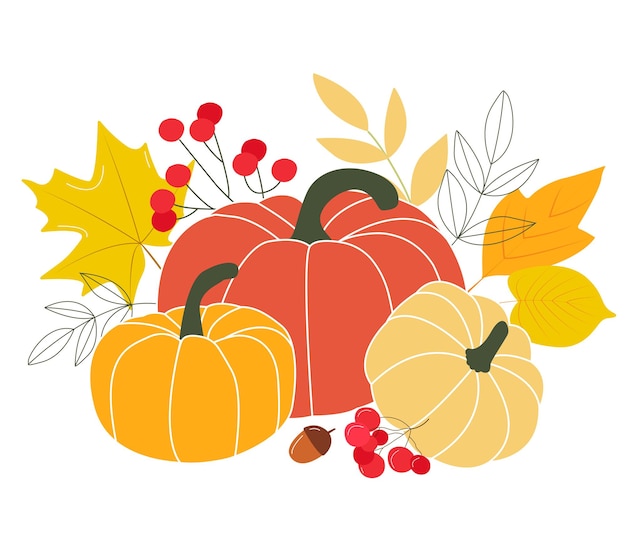 Happy thanksgiving groet briefkaart ontwerp briefkaart herfst seizoen oranje pompoen, geel, rood, bos herfstblad kruidenmix. vectorillustratie in vlakke stijl