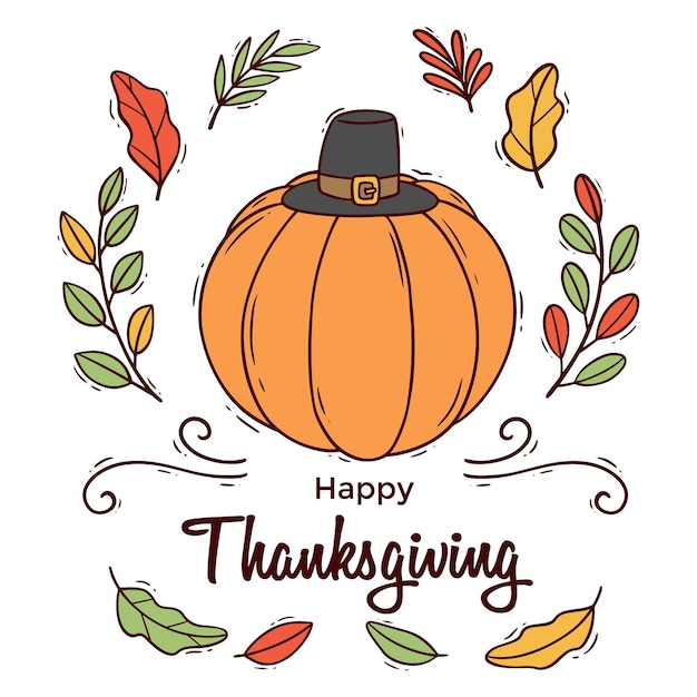 Vector happy thanksgiving hand drawing illustration with pumpkin and leaves on white background