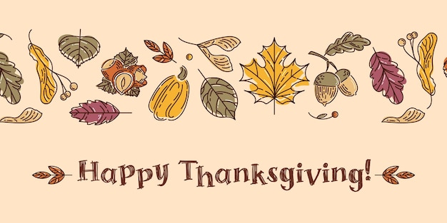 Happy Thanksgiving Horizontal border made of colorful modern autumn leaf seed nuts and pumpkin family traditions Vintage illustration in doodle style For website posters postcards
