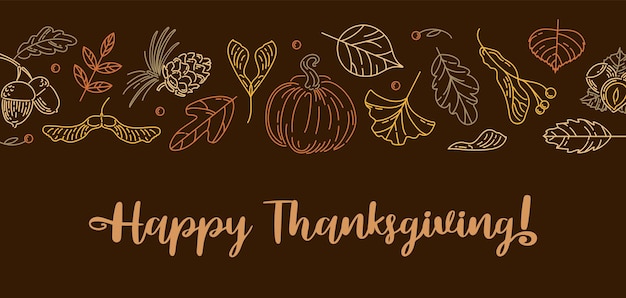 Happy Thanksgiving Horizontal border made of colorful modern autumn leaf seed nuts and pumpkin family traditions Vintage illustration in doodle style For website posters