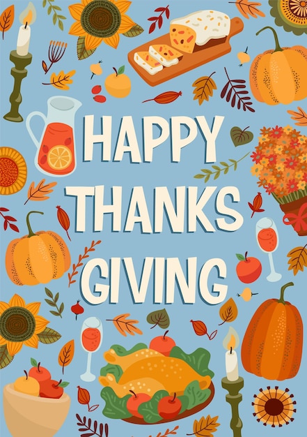 Happy thanksgiving-illustratie met feestelijke tafel vectorontwerp voor kaartposter, flyer-web en andere