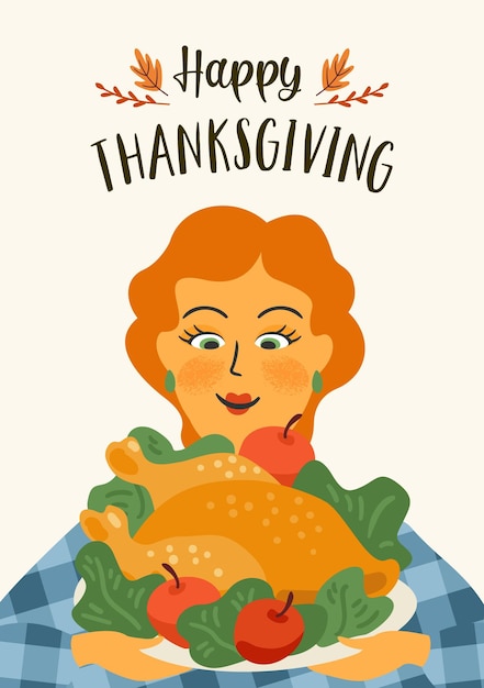 Happy thanksgiving illustration cute lady with turkey vector design for card poster flyer web and other