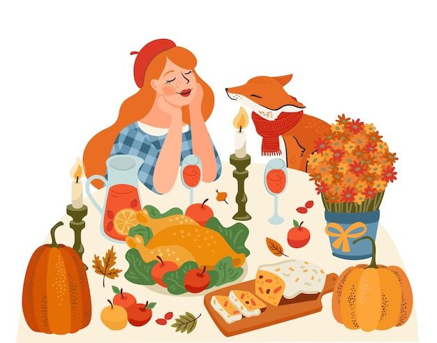 Happy thanksgiving isolated illustration cute lady with fox at festive table vector design for card poster flyer web and other