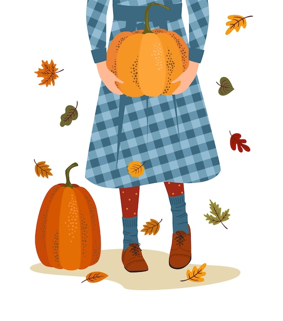 С Днем Благодарения изолированная иллюстрация Милая дама с тыквой Векторный дизайн для открытки, плаката, флаера и других