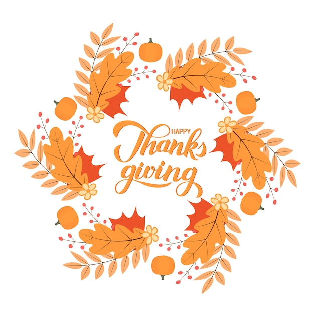 Happy Thanksgiving kalligrafie borstel belettering Krans van kleurrijke herfstbladeren bloemen pompoenen en bessen Vector illustratie Thanksgiving Day ansichtkaart of teken Gemakkelijk te bewerken sjabloon