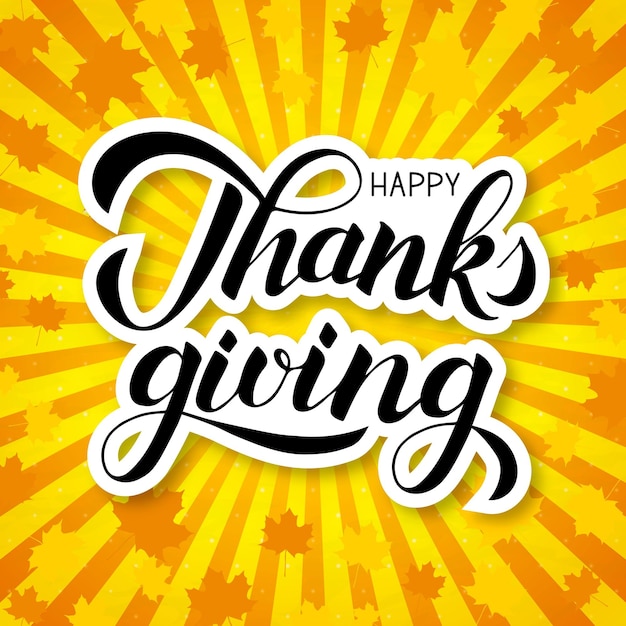 Happy Thanksgiving kalligrafie borstel letters op helder oranje geel gestreepte achtergrond Pop-Art stijl retro vectorillustratie Thanksgiving dag teken Fall esdoorn bladeren Gemakkelijk te bewerken sjabloon