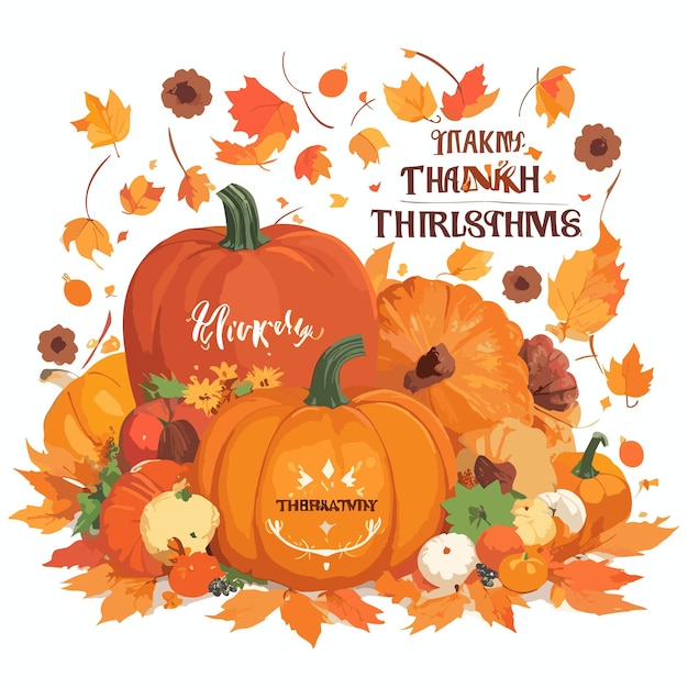 Happy thanksgiving message with pumpkins fruit apple fallen leaves seasonal background