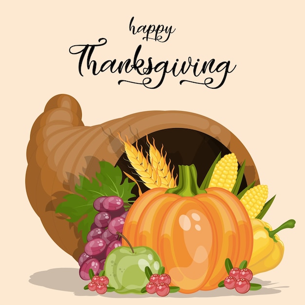 Happy Thanksgiving poster Cornucopia Horn of plenty Harvest Cartoon vector illustration for Thanksgiving day