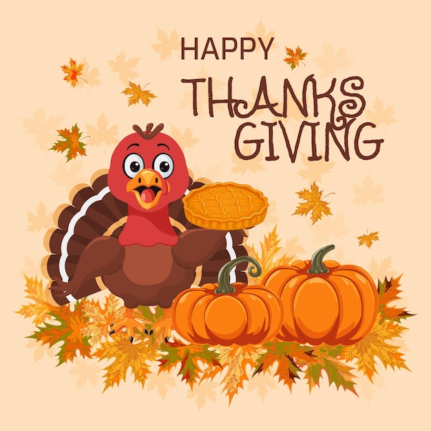 Happy thanksgiving poster design traditional holiday symbols turkey pumpkin autumn maple pumpkin pie