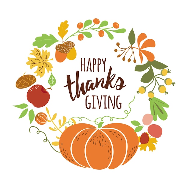 Happy Thanksgiving Pumpkin wreath Text for Thanksgiving day autumn leaves Fall banner vector