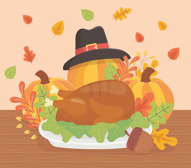 happy thanksgiving roasted turkey pumpkins hat acorn foliage celebration