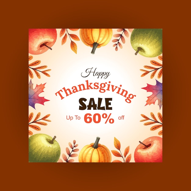 Happy thanksgiving sale background template with beautiful watercolor leaves