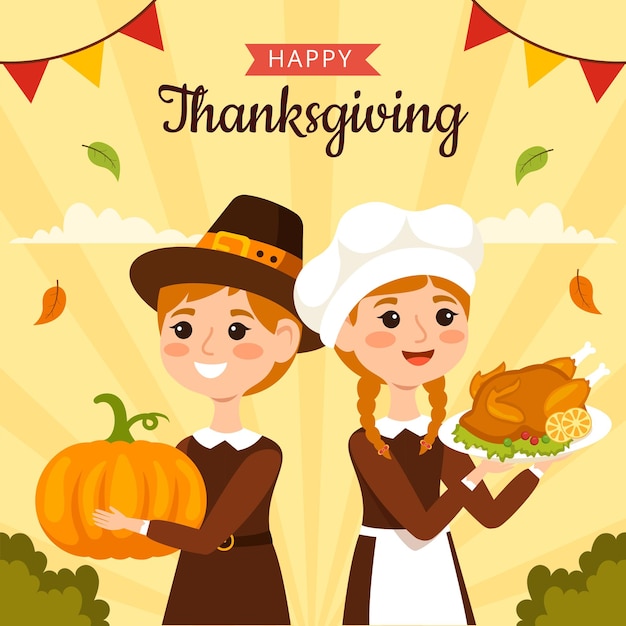 Happy Thanksgiving Social Media Illustration Flat Cartoon Hand Drawn Templates Background