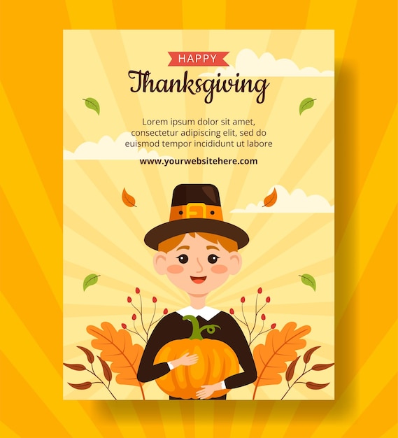 Happy Thanksgiving Verticale Poster Platte Cartoon Handgetekende Sjablonen Achtergrond Illustratie