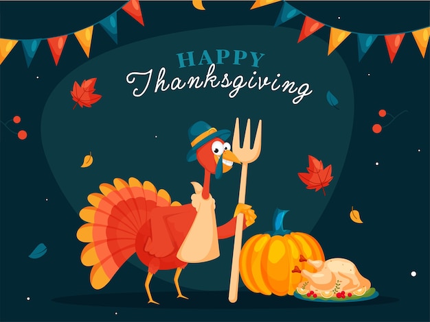 Happy thanksgiving viering posterontwerp met cartoon turkije vogel