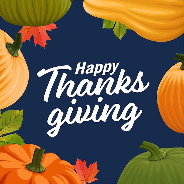 Happy Thanksgiving-wenskaart met pompoenen en herfstbladeren frame op de achtergrond Squash en rode bladeren Harvest