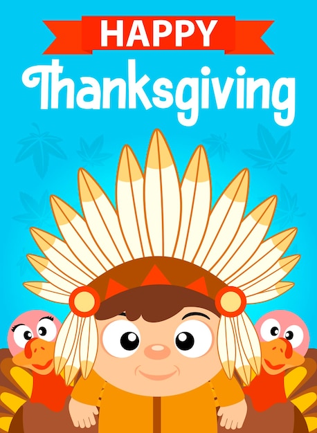 Happy Thanksgiving, wenskaart, poster vakantie. Grappige Thanksgiving-kalkoenen en Indi