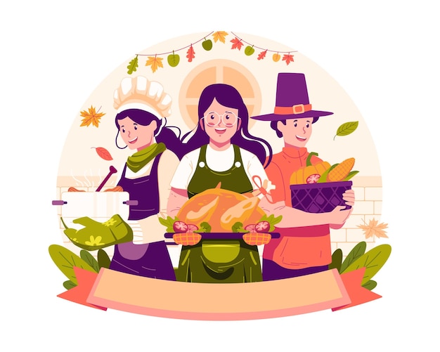 추수감사절 축제 또는 저녁식사 를 준비 하고 요리 하는 사람 들 과 함께 즐거운 추수감사의 날