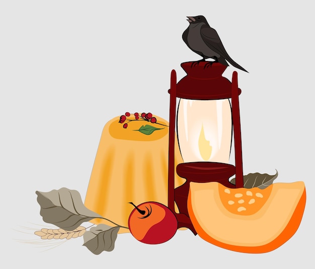 伝統的な食べ物、七面鳥、パイ、カボチャ、果物で幸せな感謝祭。ベクトルのウェブサイト テンプレート
