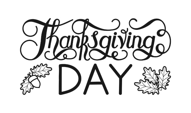 Vector happy thanksgiving zwart-witte letters met herfstbladeren en eikels