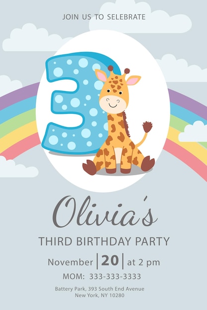 Vector happy third birthday with giraffe baby girl invitation card vector