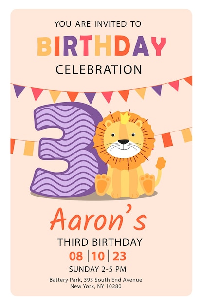 Vector happy third birthday with lion baby boy invitation card vector