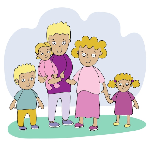 Vector happy three children family portrait. father holds small daughter on his hands