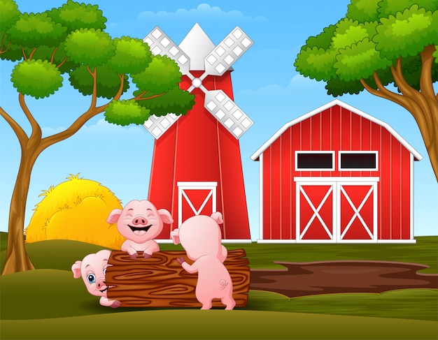 Happy three little pig playing logs in the farm