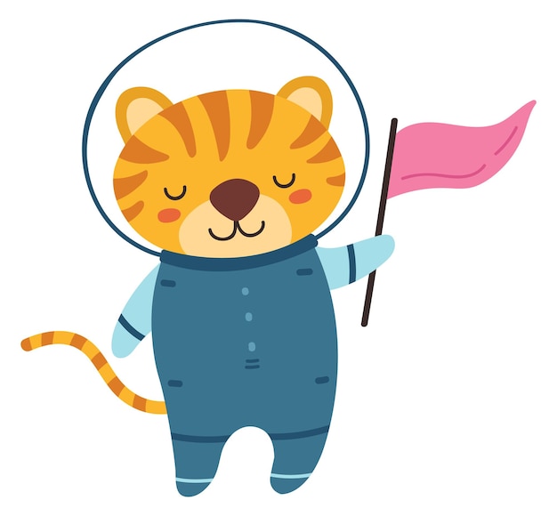 Happy tiger astronaut with flag space explorer character