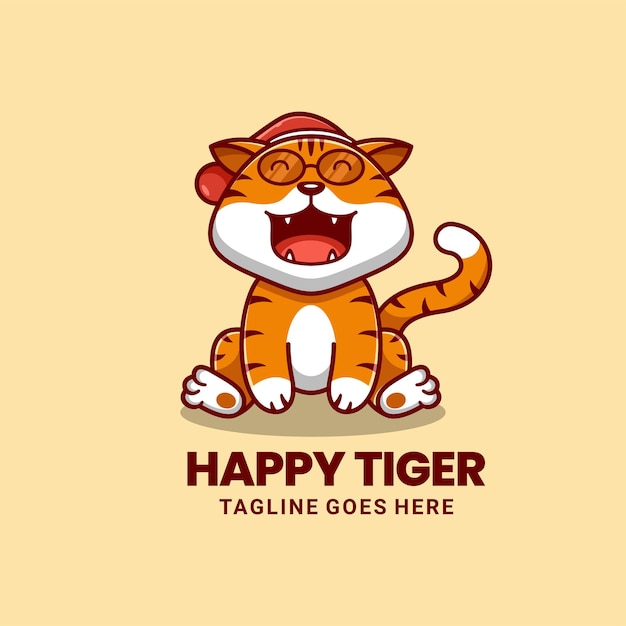 Вектор Векторная иллюстрация дизайна логотипа персонажа happy tiger mascot