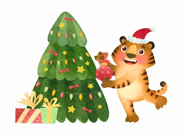 Happy tiger in santa hat decorates the christmas tree the symbol of the new 2022