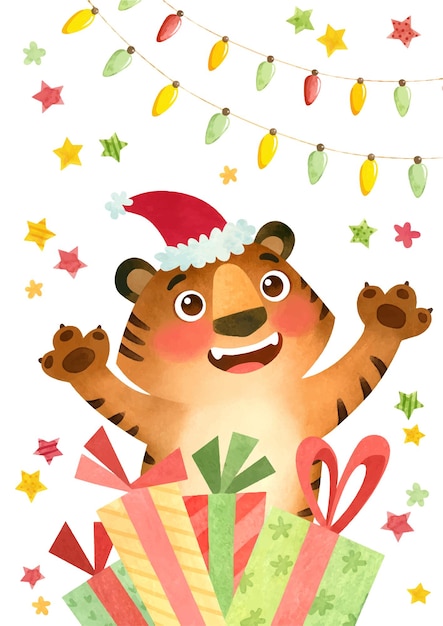 Vector happy tiger in santa hat with gifts and garlands the symbol of the new 2022