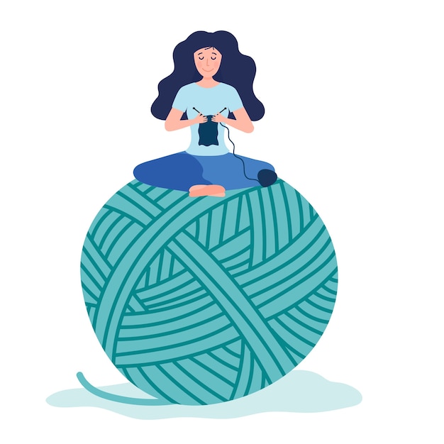 Vector happy tiny creative woman knitting on giant ball of yarn