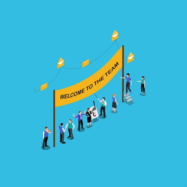 Vector happy tiny people are near welcome banner