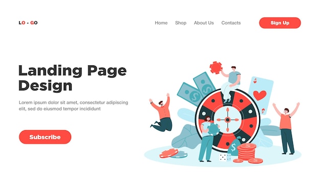 Vector happy tiny people playing casino roulette landing page