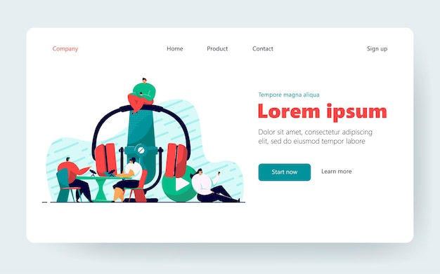Happy tiny people sitting and listening radio podcast isolated flat vector illustration. Cartoon man and woman with headsets talking on interview. sound technology and online broadcasting concept