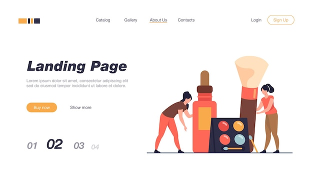 Vector happy tiny women testing makeup products landing page template