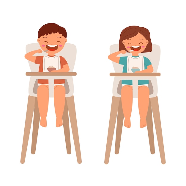 Happy toddler boy and girl eating in a high chair