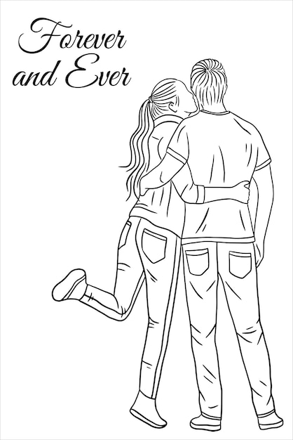 Happy Together Love Couple Women Girls and Boy Friends Line Art Hand Drawn Style illustration