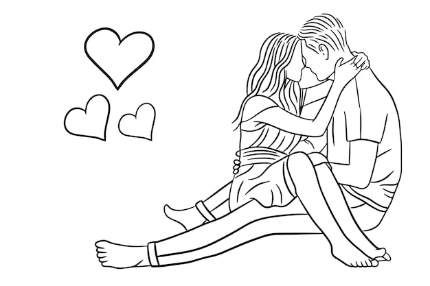 Vector happy together love couple women girls and boy friends line art hand drawn style illustration