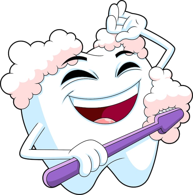 Vector happy tooth cartoon character holding a toothbrush and clean vector hand drawn illustration