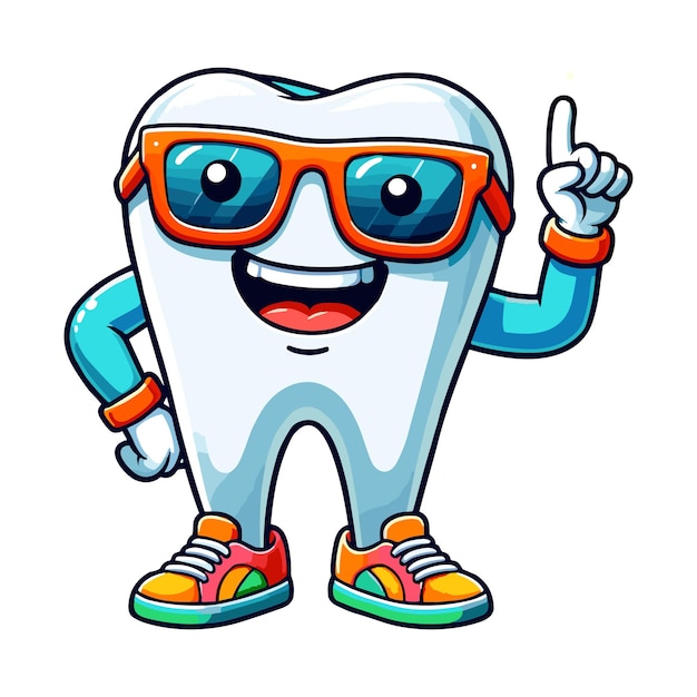 Vector happy tooth character illustration smiling dental mascot with sunglasses and colorful sneakers