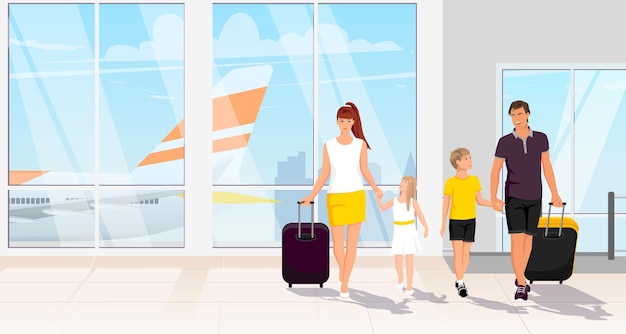 Vector happy tourist family with children young boy girl in airport terminal interior passangers in arrival departure hall with luggage aircraft airplane background time to travel vector illustration