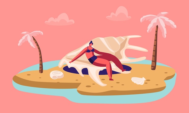 Vector happy tourist woman enjoying summer vacation holiday on exotic beach sitting on huge seashell conch on tropical destination.