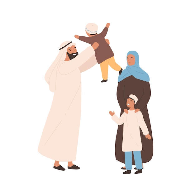 Illustrazione piana di vettore della famiglia araba tradizionale felice. genitori musulmani gioiosi che giocano con il bambino isolato su bianco. giovani sauditi in abito hijab che trascorrono del tempo insieme provando amore.