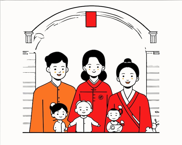 Happy traditional asian family posing together in chinese new year