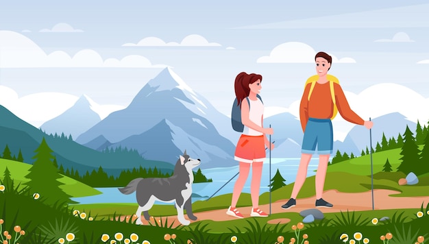 Happy traveler woman man couple and pet friend walk path