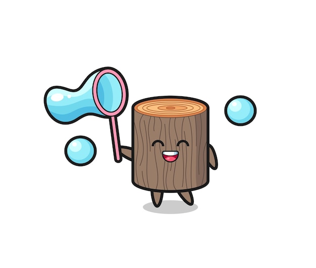 Happy tree stump cartoon playing soap bubble cute design