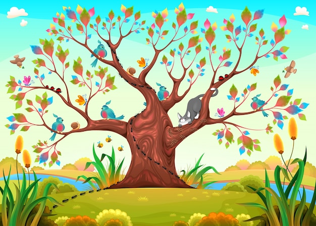 Happy tree with birds, insects and cat